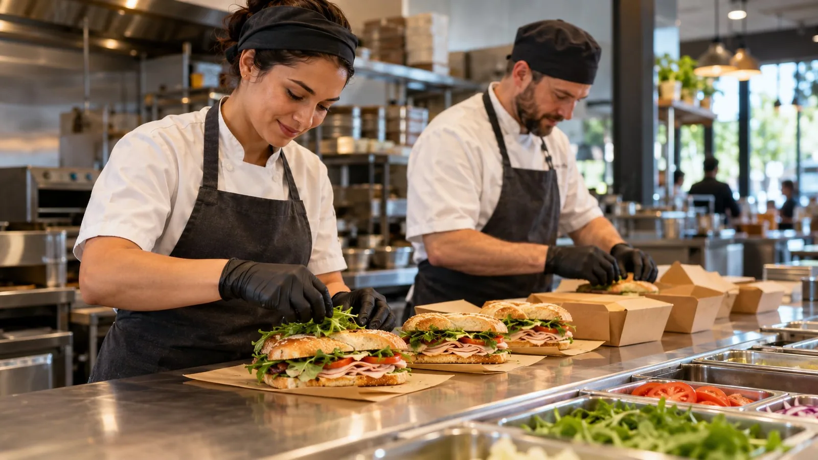 Two chefs in a commercial kitchen assembling sandwiches with fresh greens, tomatoes, and deli meats