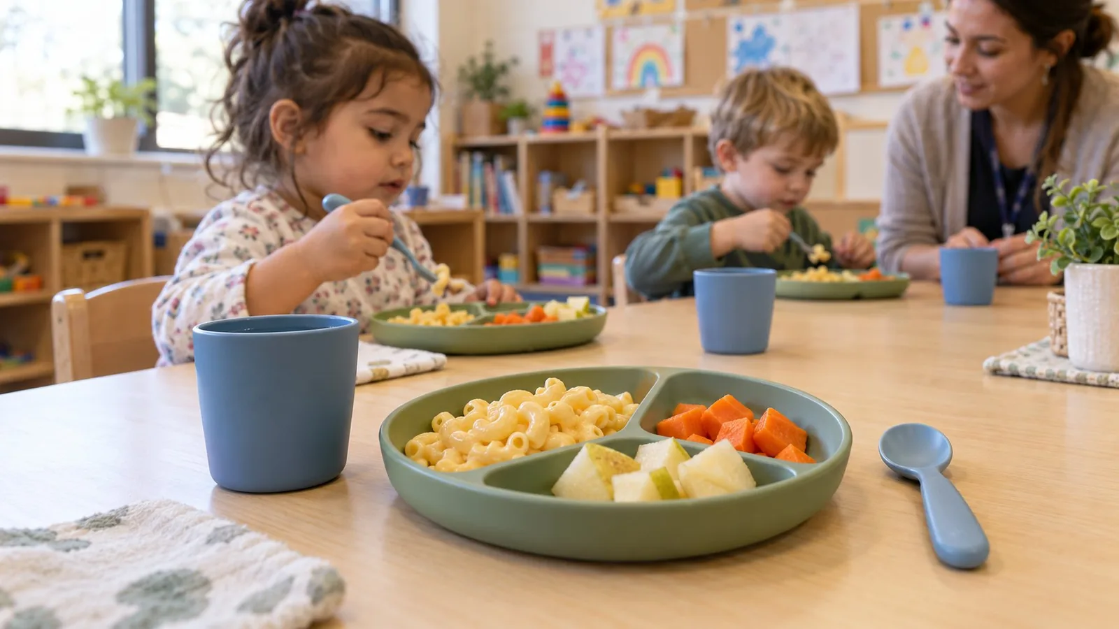 Young children eating lunch at a classroom table while a teacher supervises