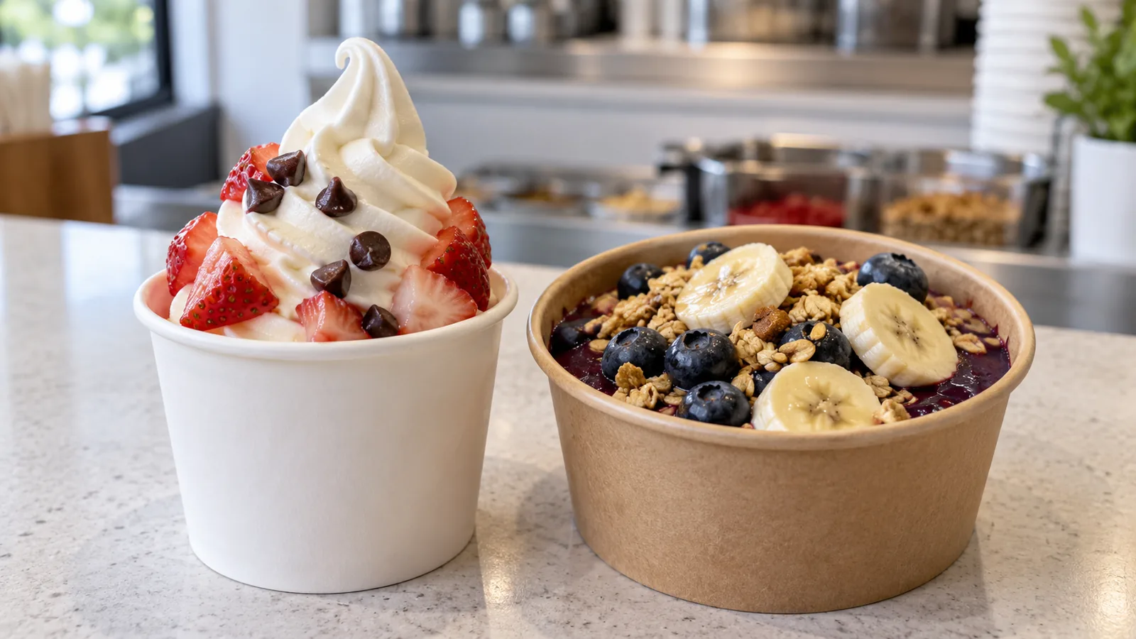 Cup of soft-serve frozen yogurt topped with strawberries and chocolate chips beside an açaí bowl with granola, blueberries, and banana
