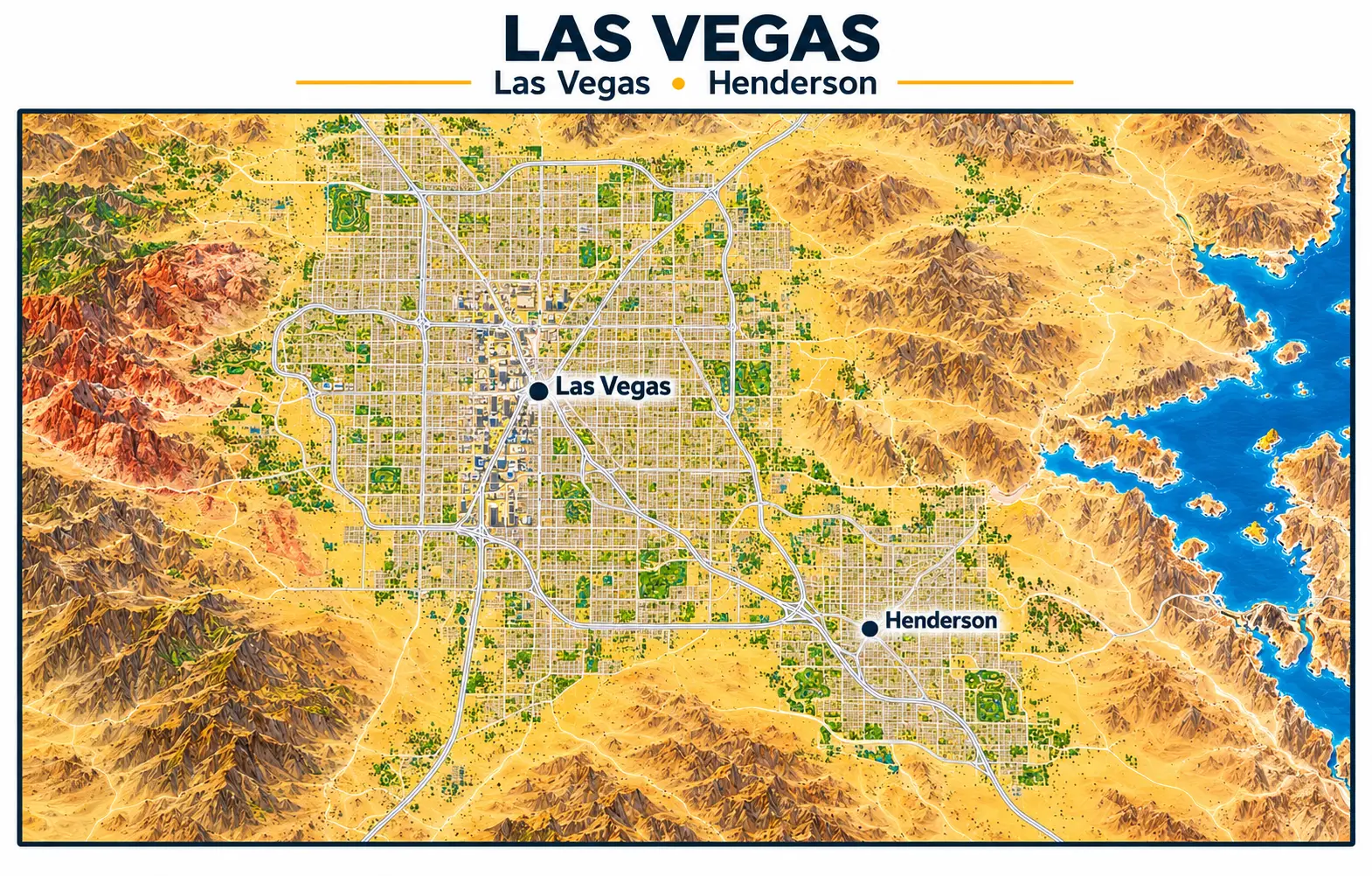 Illustrative Las Vegas service-area map: an overhead desert-city view of the Las Vegas Valley with mountains and Lake Mead, labeled Las Vegas and Henderson beneath the heading Las Vegas, Las Vegas and Henderson