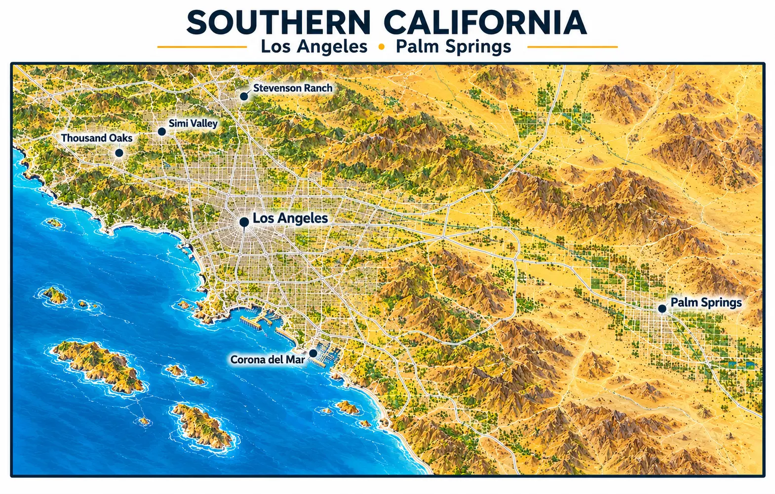 Illustrative Southern California service-area map: a golden overhead view of the Los Angeles basin and Coachella Valley with the Pacific coastline, labeled Thousand Oaks, Simi Valley, Stevenson Ranch, Los Angeles, Corona del Mar, and Palm Springs beneath the heading Southern California, Los Angeles and Palm Springs