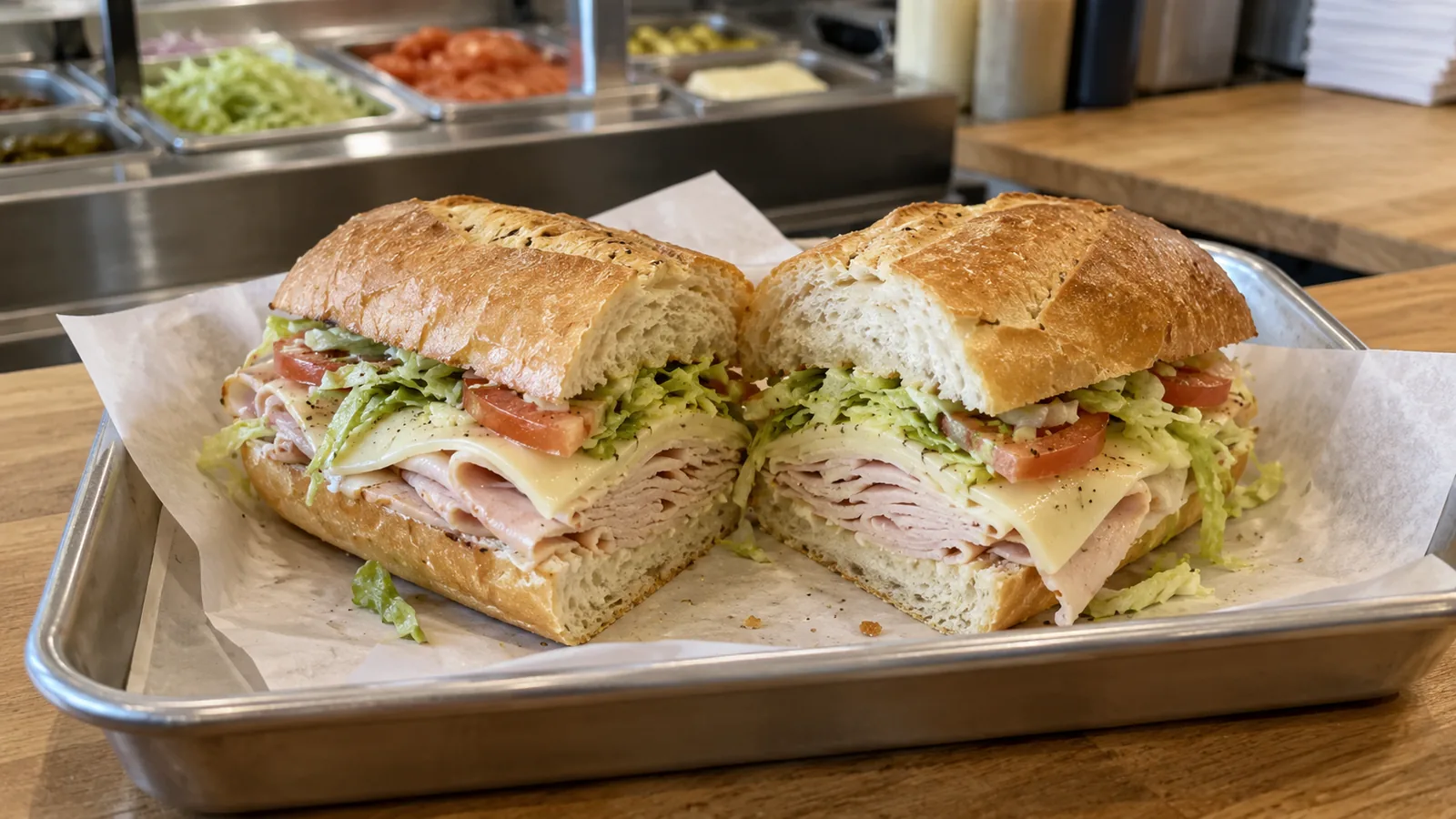 Fresh deli sandwich with turkey, cheese, lettuce, and tomato on a tray