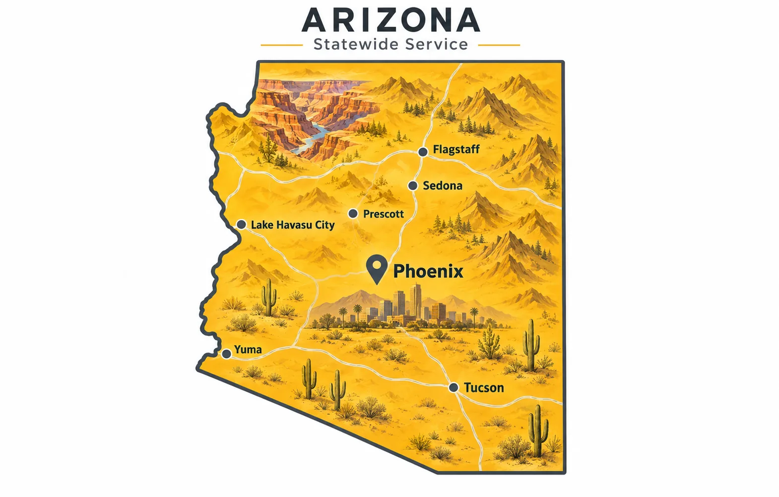 Illustrative Arizona statewide service-area map: the outline of Arizona filled with desert and mountain scenery, labeled Flagstaff, Sedona, Prescott, Lake Havasu City, Phoenix, Yuma, and Tucson beneath the heading Arizona Statewide Service