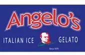 Colorful Angelos sign for Italian ice and gelato, featuring vibrant blue background and classic imagery.