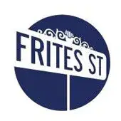 Stylized Frites Street sign showcasing modern design and culinary flair in vibrant navy blue.