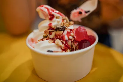A creamy yogurt bowl topped with crunchy granola, fresh raspberries, and gourmet toppings, ideal for food service operations and wholesale distribution.