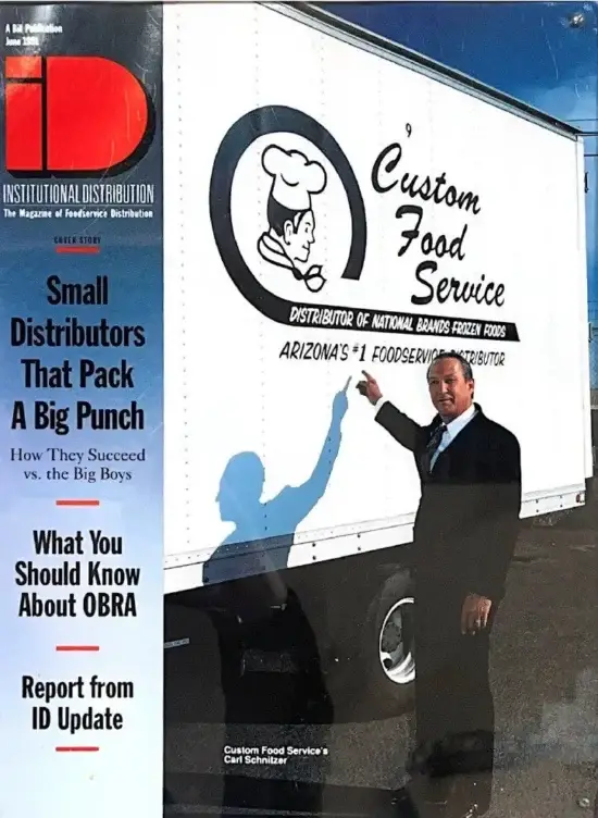 ID Institutional Distribution magazine cover featuring Custom Food Services delivery truck and professional distributor.