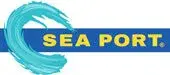 Modern SEA PORT logo featuring bold yellow text on a blue background with dynamic wave design.