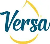 Modern Versa logo design featuring blue cursive text and a yellow droplet.