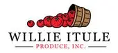 Willie Itule Produce logo featuring fresh tomatoes and a rustic barrel for quality produce.