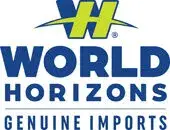 World Horizons logo featuring vibrant blue and green initials for genuine imports business.